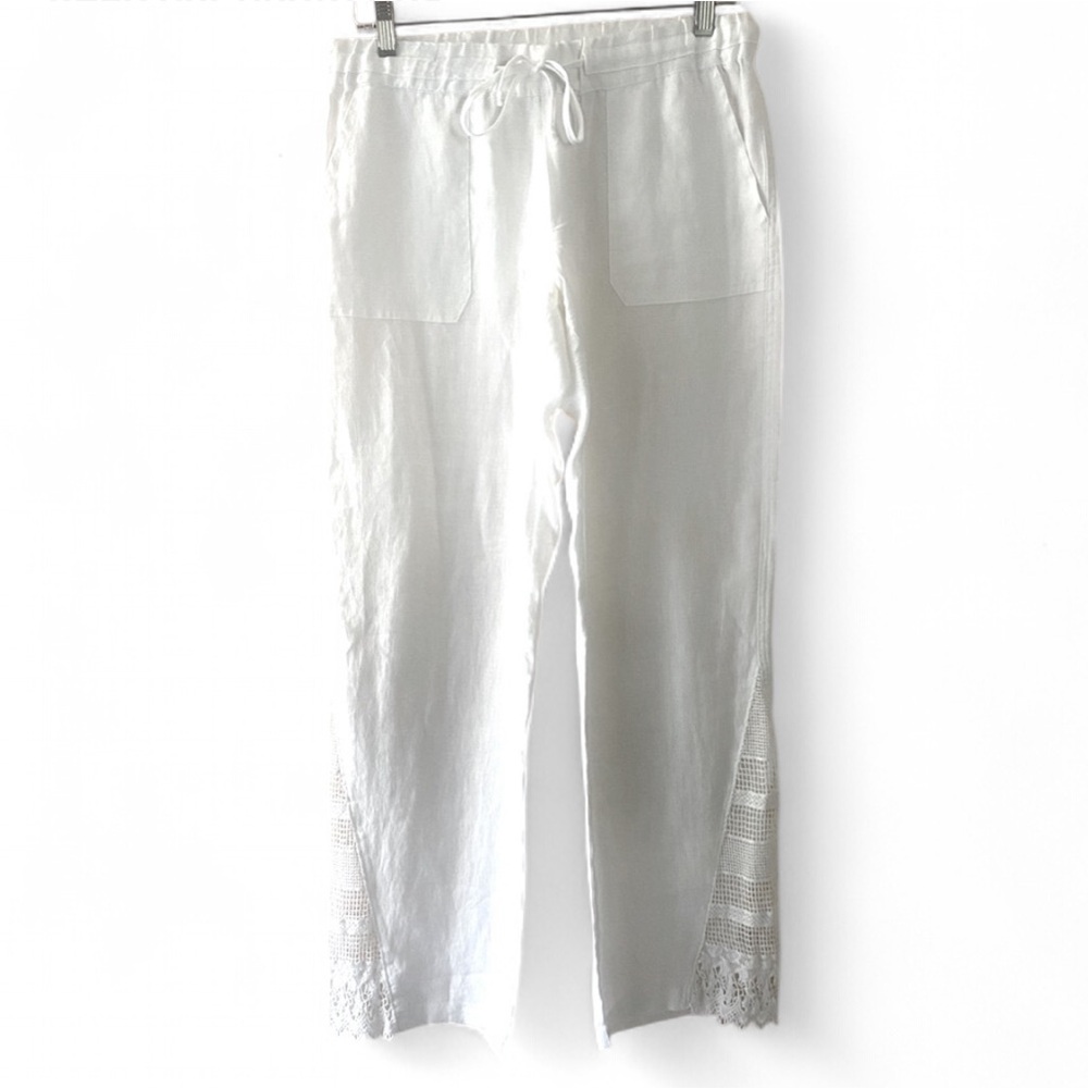 LA BLANCA CROCHET TRIM PALAZZO LINEN WHITE COVER UP PANTS BEACHY COASTAL SIZE XS